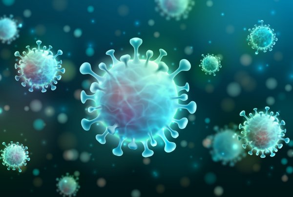 Coronaviruses depicted on a dark background.