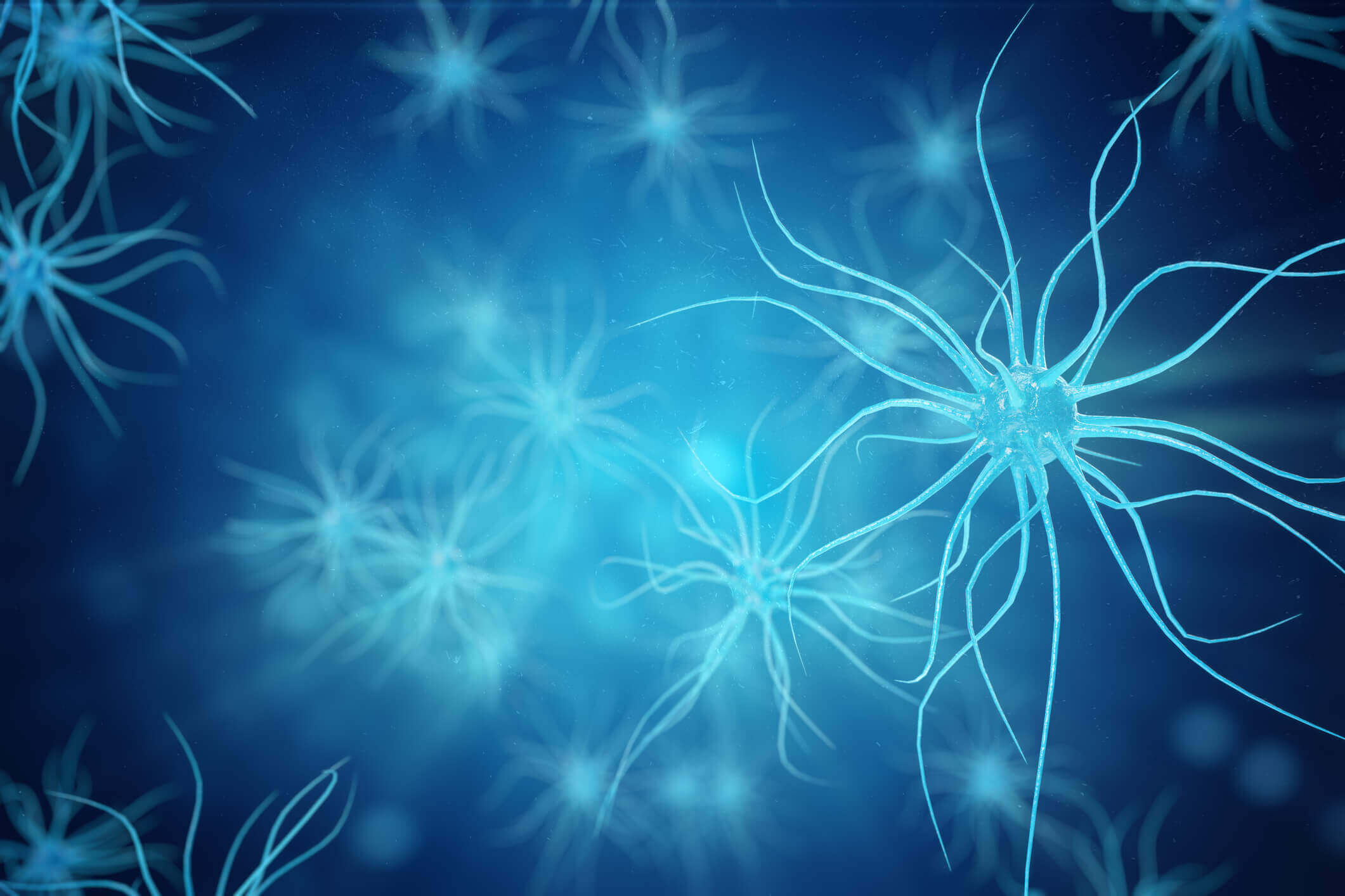 A blue background showcasing numerous neurons, pertaining to Motor Neurone Disease.